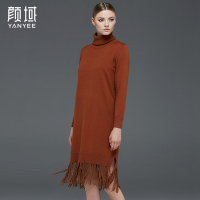 颜域品牌女装2016冬装新款简约高领下摆流苏直筒针织连衣裙打底裙 60W6950