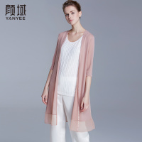 颜域品牌女装2017夏装新款简约纯色针织开衫中长款七分袖宽松外套 00S6331