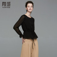 颜域品牌女装2017夏季新款欧美荷叶边波点雪纺衫圆领修身系带上衣 70P7090