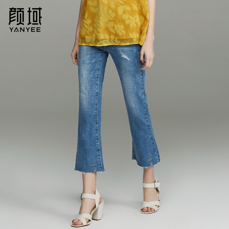 颜域品牌女装2017夏季新款时髦微喇叭牛仔裤磨破毛边七分裤阔腿裤 30S7257
