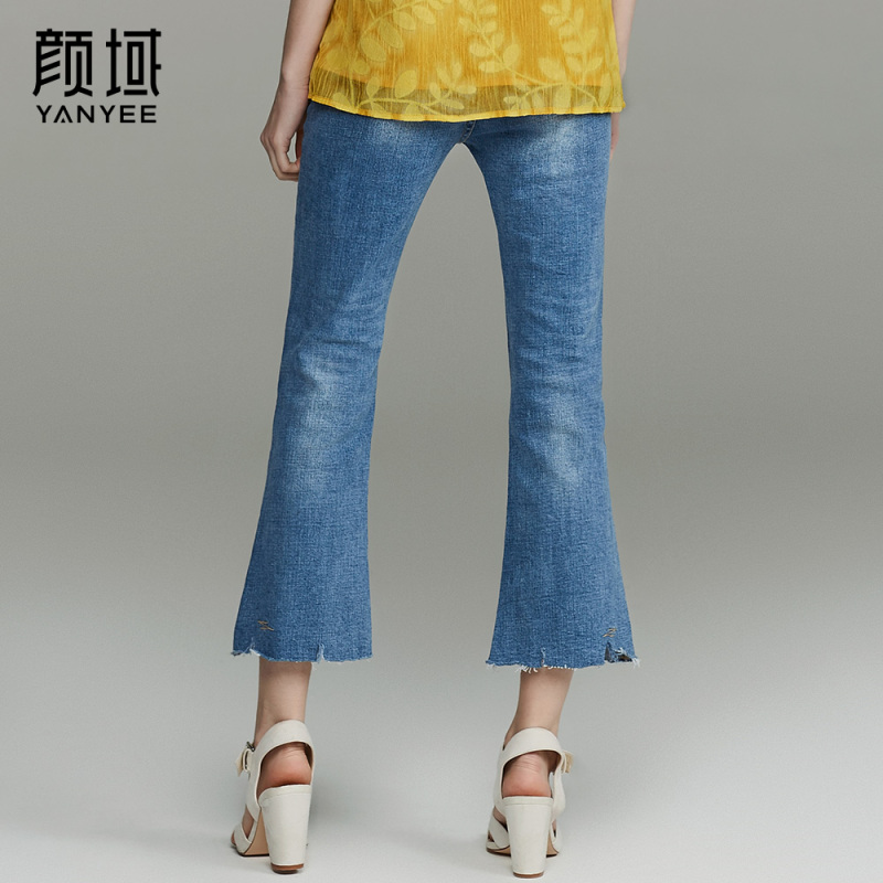 颜域品牌女装2017夏季新款时髦微喇叭牛仔裤磨破毛边七分裤阔腿裤 30S7257