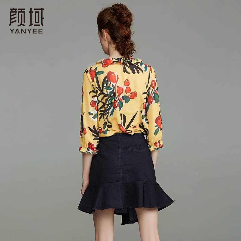 颜域品牌女装2017夏季新款系带荷叶圆领雪纺衫轻薄甜美印花上衣女 70S7184