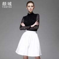 颜域品牌女装2017夏装新款时尚高弹长袖打底衫高领上衣百搭蕾丝衫 70S4091