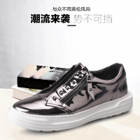 dreambox厚底增高休闲男士板鞋金属色松糕鞋真皮铆钉套脚男鞋潮款