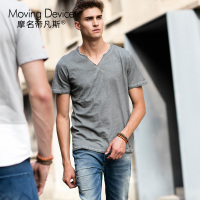 夏装新款男士V领短袖T恤 欧美做旧修身圆领毛边纯棉t恤上衣体恤