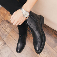 绛天 高帮皮鞋男休闲马丁靴子复古英伦韩版潮雕花布洛克尖头小短靴