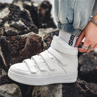 绛天 中学生秋天穿的高邦魔术贴跑鞋男初一初二初三学生透气新款高帮休闲百搭板鞋男士运动鞋初中生皮面潮鞋