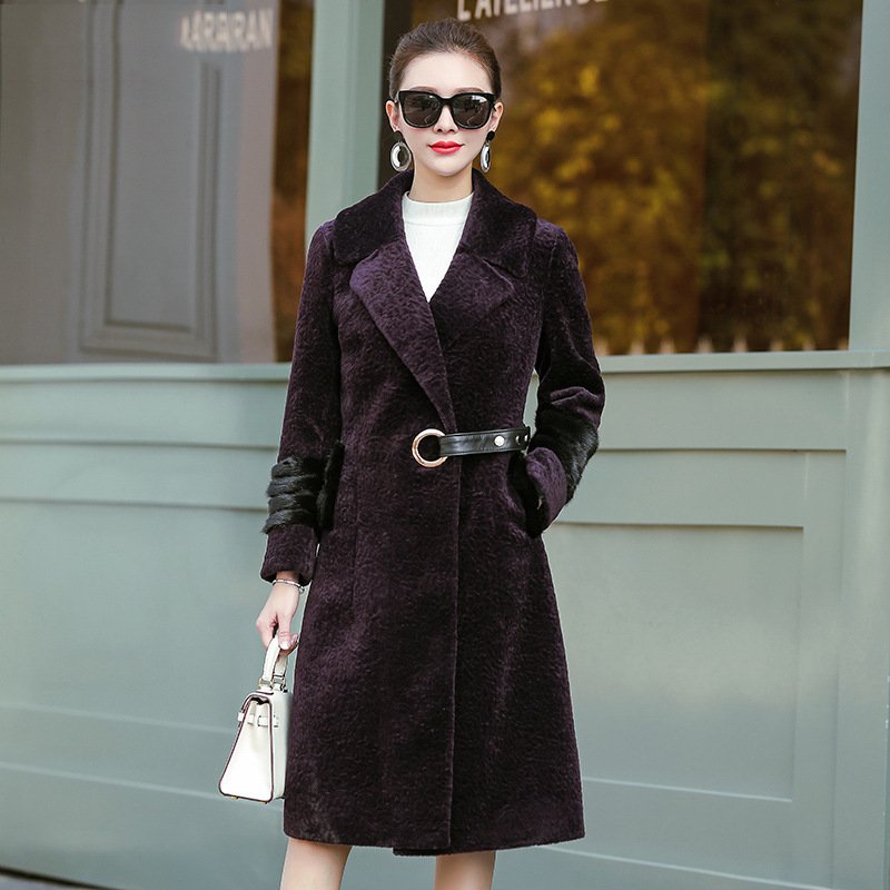 莉妮吉尔羊羔毛皮草女冬中长款2017新款水貂毛领皮毛羊剪绒大衣女一体外套
