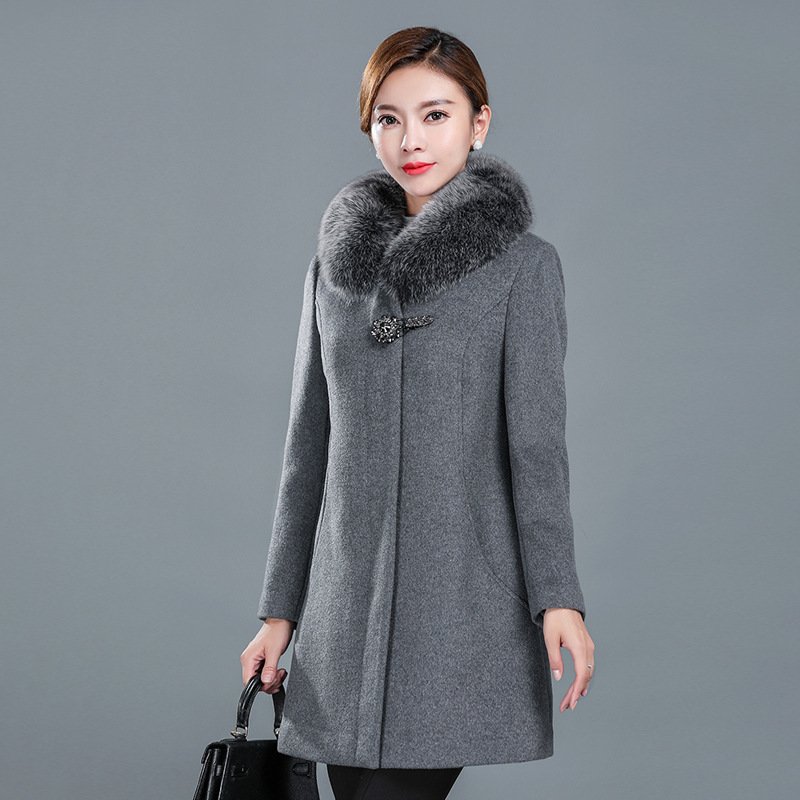 莉妮吉尔狐狸毛领羊绒大衣妈妈装加厚中长款保暖中年羊毛上衣2017秋冬外套