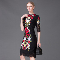 欧美优雅气质蕾丝绣花朵中长款晚礼服宴会连衣裙