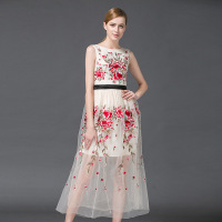 韩版秋装新款时尚刺绣修身印花连衣裙无袖绣花长裙女