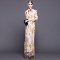 欧洲站条纹亮片网纱长裙2016夏新款华丽高贵时尚修身晚装礼服长裙