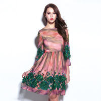 订制气质优雅典雅重工亮片中袖拼网纱连衣裙