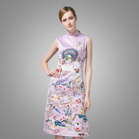 2016春夏高雅复古改良旗袍裙白鸟争艳重工刺绣中长裙修身连衣裙