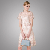 2016欧洲站名媛气质夏季网纱刺绣蕾丝裙修身短袖圆领甜美连衣裙