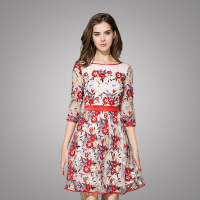 欧洲站2016夏新款典雅花朵绣花蕾丝中袖网纱裙装绣花连衣裙