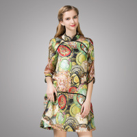 欧洲中国民族风欧根纱宽松水墨印花文艺日常旗袍连衣裙女