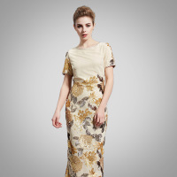 2016欧美秋冬唯美订制修身短袖网纱镶亮片拼花礼服长裙连衣裙