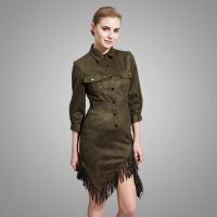 2016春季新款气质优雅中长款皮绒流苏七分袖时尚打底不规则连衣裙