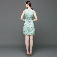 2016秋季新款名媛风甜美气质刺绣欧根纱印花中长款背心连衣裙