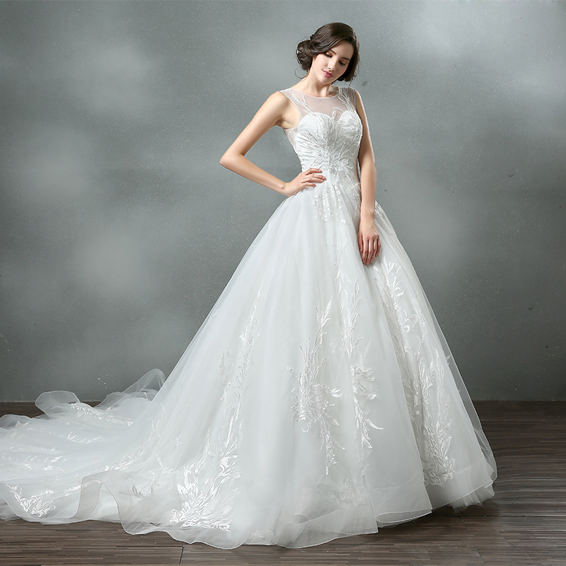 婚纱礼服2016新款双肩蓬蓬裙婚纱大拖尾性感露背米白色网纱婚纱定制