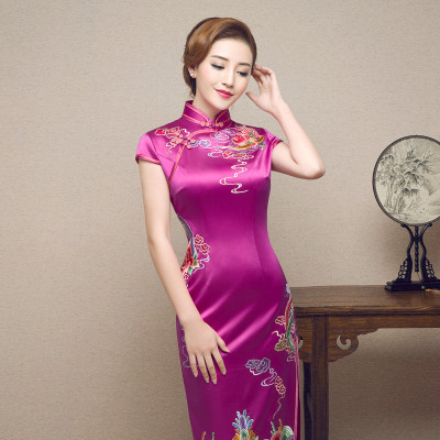 2016新款旗袍长款优雅ol玫红色短袖真丝旗袍定制
