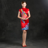 2016新款旗袍短款大红色短袖真丝旗袍定制