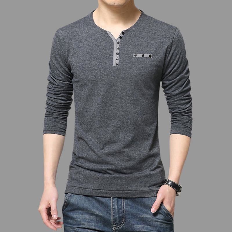男士T恤 新款秋季男士长袖T恤男V领男士青少年纯色韩版修身体恤上衣打底衫潮诺妮梦图片