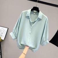 秋装2021年新款春装设计感小众女士雪纺白衬衫女装绿衬衣短袖上衣诺妮梦