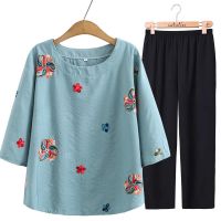 妈妈装短袖T恤绣花仿两件套装中老年人女装奶奶老人衣服诺妮梦