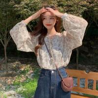 春秋2021年新款ins碎花V领衬衫女小清新荷叶边宽松长袖上衣诺妮梦