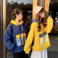 秋冬新款女装加绒加厚卫衣女设计感口袋拼接撞色连帽运动外套宽松诺妮梦