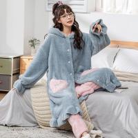 法兰绒睡袍女秋冬季长袖加绒加厚珊瑚绒浴袍卡通连帽两件套家居服聿垣格