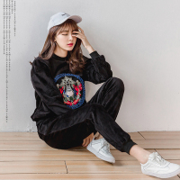 [双层加厚套装]2017春新款韩冬款 版加绒加厚高领卫衣休闲金丝绒运动套装女...