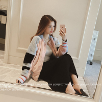 迷人盒子 2017春秋装韩版新款圆领甜美毛绒拼色保暖棒球短外套女潮