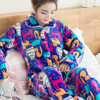 2016秋冬季珊瑚绒睡衣女加厚法兰绒女人睡衣开衫长袖套装家居服休闲加大码