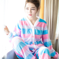 2016秋冬季新款韩版加厚珊瑚绒V领睡衣女冬天套装开衫长袖法兰绒秋冬款宽松大码家居服