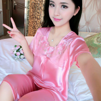 夏季女士韩版蕾丝短袖仿真丝薄款丝绸性感睡衣两件套装大码家居服
