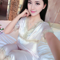 韩版女士春夏季蕾丝短袖丝绸睡衣薄款丝绸睡衣两件套装大码家居服