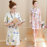 魅言魅语(MeiYanMeiYu)2021年夏季新款短袖胖mm棉麻印花连衣裙