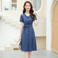 魅言魅语(MeiYanMeiYu)棉麻连衣裙女2021夏季新款流行修身中长款收腰显瘦大码气质韩版裙子