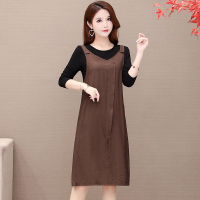 魅言魅语(MeiYanMeiYu)假两件背带长袖连衣裙女2021秋季新款妈妈装遮肚子长裙