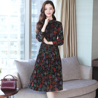 魅言魅语(MeiYanMeiYu)雪纺长袖连衣裙女2021新款秋装韩版修身显瘦百褶裙中长款裙