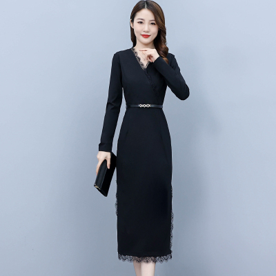 魅言魅语(MeiYanMeiYu)黑色长款连衣裙2021秋装新款女长袖V领修身显瘦气质过膝包臀裙子
