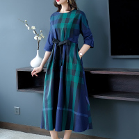 魅言魅语(MeiYanMeiYu)棉麻连衣裙女2021年秋季中长款大码女装格子宽松显瘦收腰复古裙子