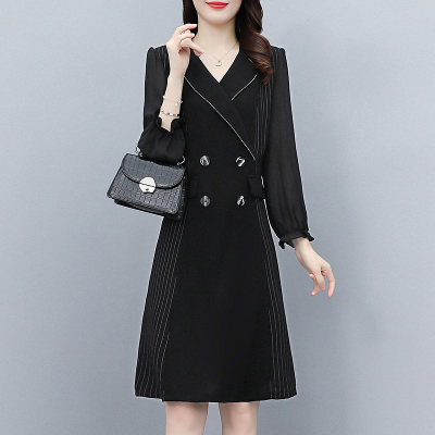 魅言魅语(MeiYanMeiYu)气质优雅长袖西装领连衣裙女2021年秋季时尚收腰显瘦洋气小黑裙