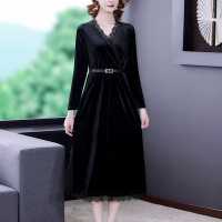 魅言魅语(MeiYanMeiYu)黑色长连衣裙2021秋装新款女长袖v领修身显瘦气质过膝包臀裙子