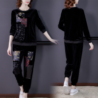 魅言魅语(MeiYanMeiYu)2021年秋季新款时尚休闲印花拼接两件套裤中年妈妈宽松成熟套装女