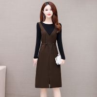 魅言魅语(MeiYanMeiYu)假两件连衣裙女2021秋装新款大码妈妈装气质中长款背心裙