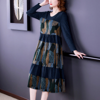 魅言魅语(MeiYanMeiYu)2021年秋季新款大码妈妈高端贵夫人气质新款宽松遮肉印花中长款连衣裙